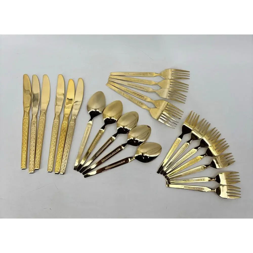 Vtg Thocadero Hollywood Gold Spoons Fork Dinner Knives Korea Stainless